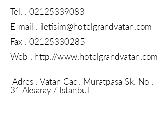 Grand Vatan Hotel iletiim bilgileri